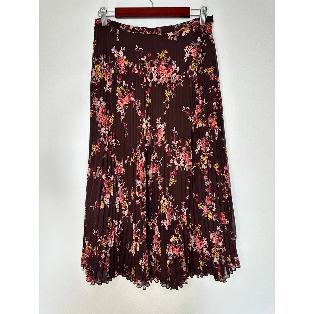 Garnet Hill‎ Pleated Midi Skirt Size 4 Brown Pink Floral Chiffon Cottagecore